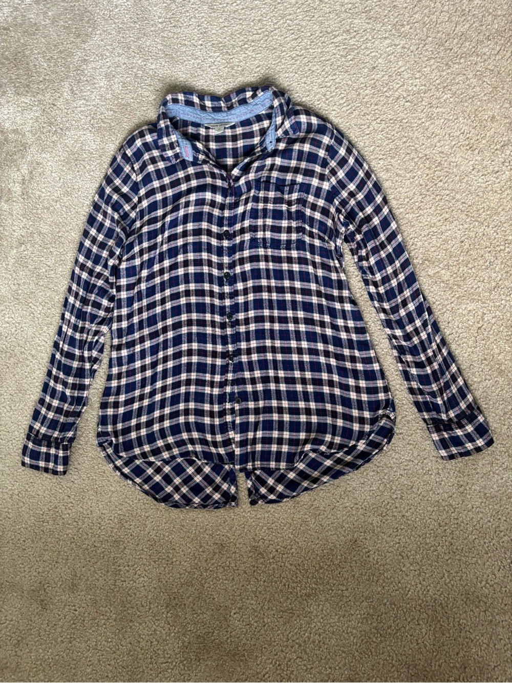 Lucky Brand Navy and Beige Plaid Button-Down Shirt